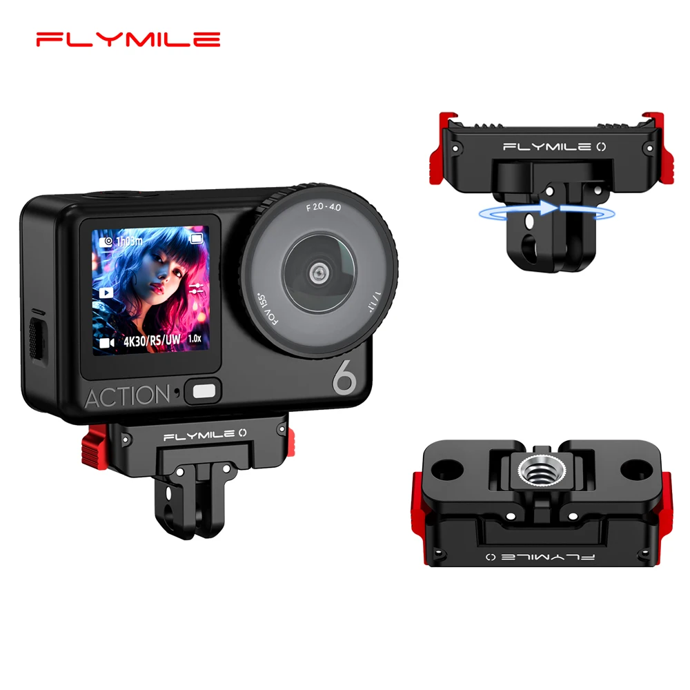 Adaptador Magnético Flymile Action 6 com Base de Liberação Rápida Rotativa e Interface de Garra Dupla com Rosca de 1/4 para Acessório DJI Nano
