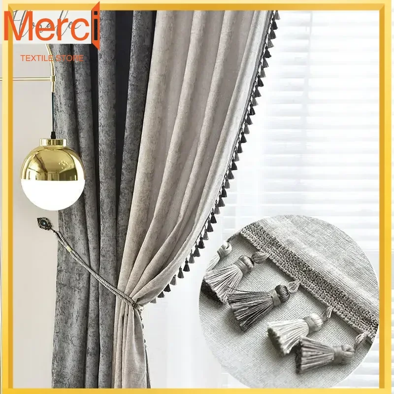 Nuevas cortinas opacas de lujo europeas para sala de estar dormitorio doble Color gris chenilla mosaico borla encaje tul personalizar