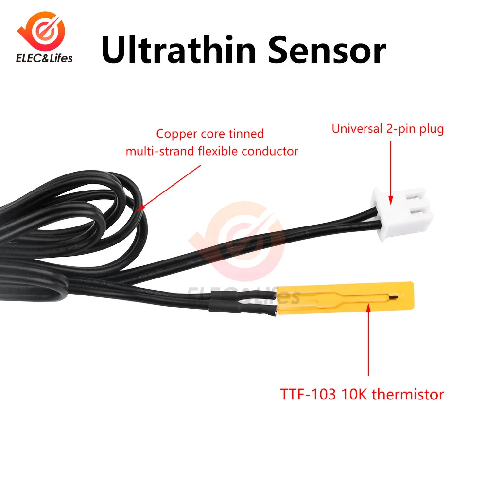 Sensor de temperatura ultrafino NTC Sonda termistor de película delgada B3950-10k Cabezal de medición de temperatura de superficie con enchufe XH2.54