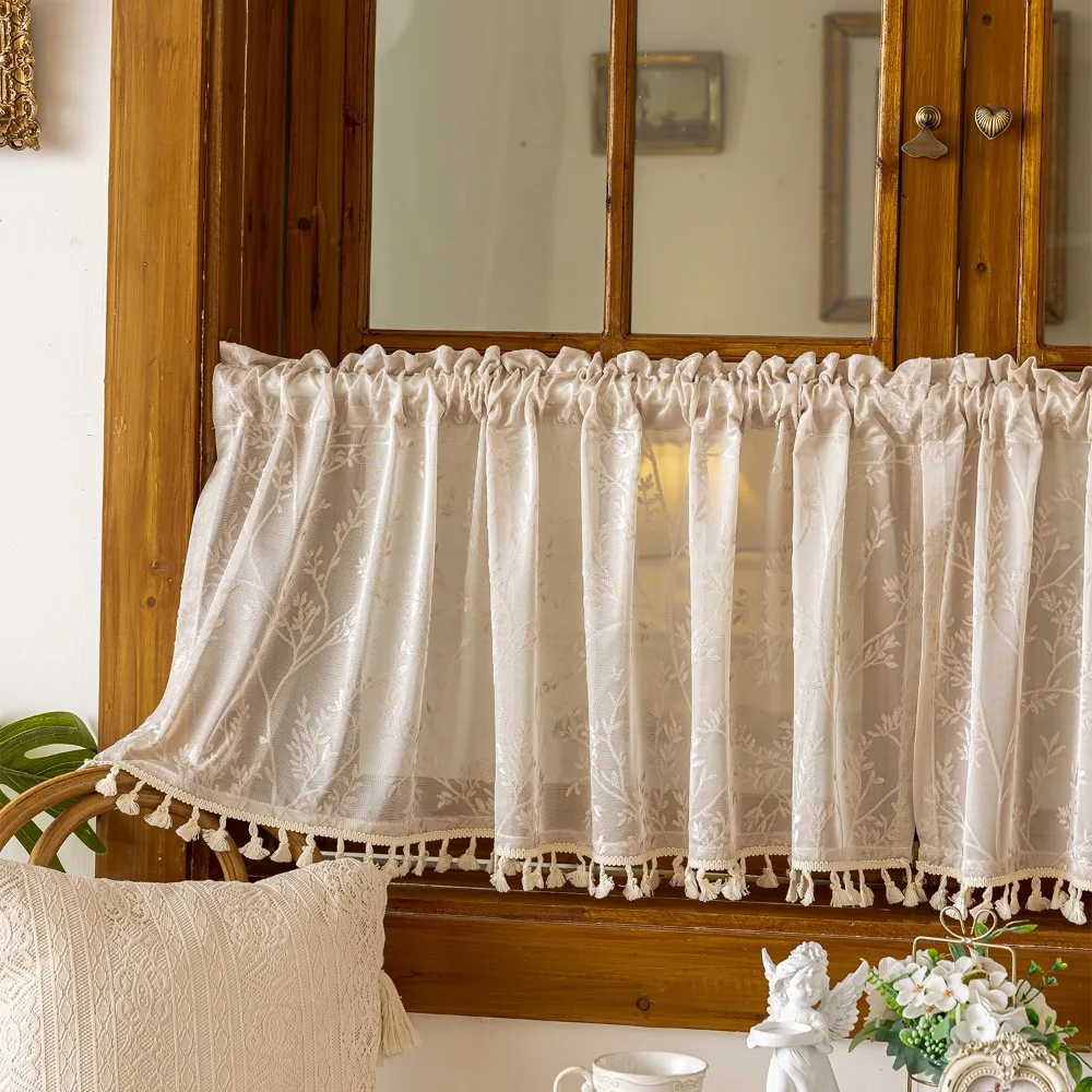 Pastoral Style Tulle Kitchen Curtain Sheer Voile Polyester Jacquard Cabinet Curtains Bohemian Dust-Proof Short Curtains