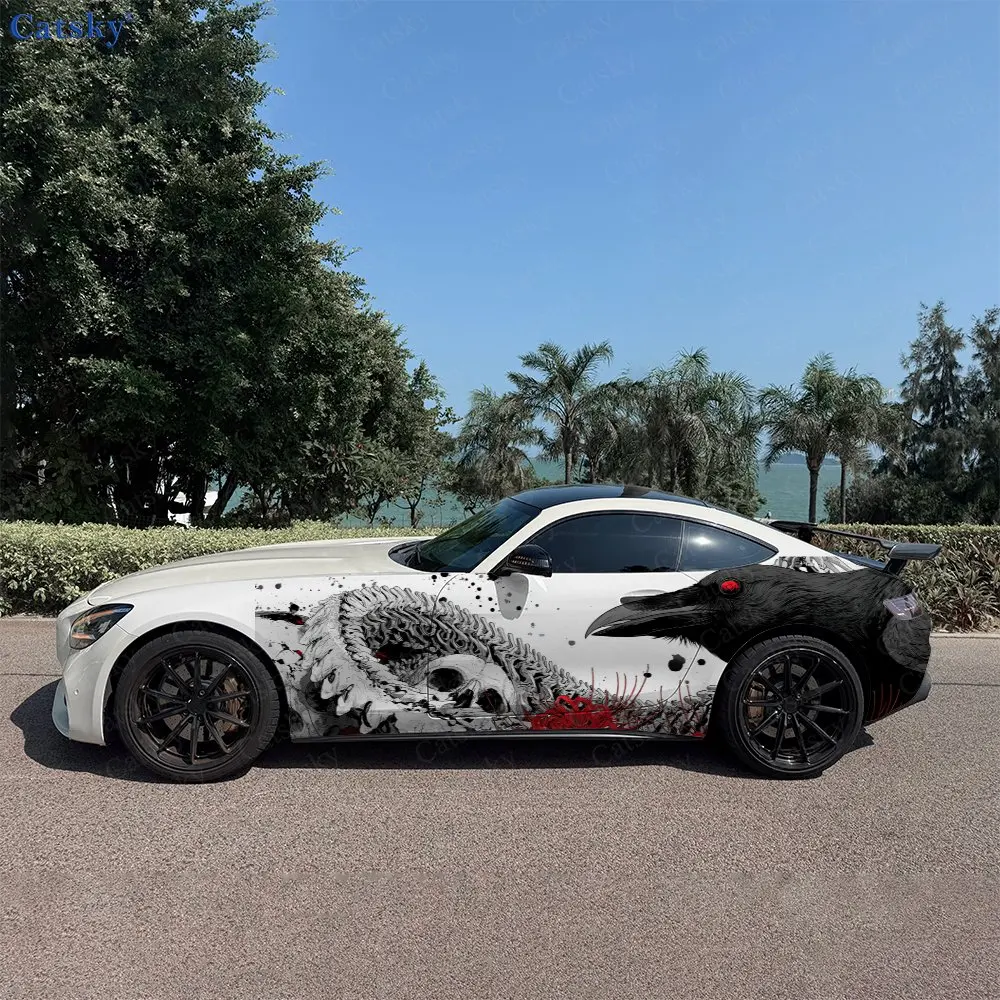 2pcs Raven Skull Spider Lily Realm, Durable, Fade-resistant, Enhance Vehicle Aesthetics With Bold Artistic Design Car Vinyl Wrap