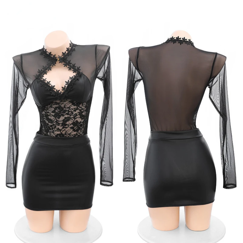 Sexy Lace See Through Hollow Mesh Top Leather Mini Skirt Suit Secretary Uniform Cosplay Costume Women Nightclub Outfit Underwear