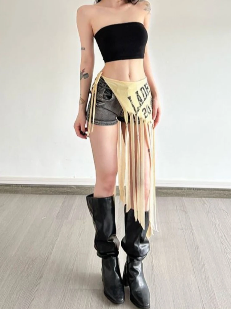 Y2k Aesthetic Irregular Tassels Skirt Women Harajuku Letter Printing Grunge Bandage Jupe 2026 Summer Streetwear Grunge Skirts