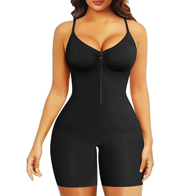Dimmkof Hook Zip Up Spandex Bodysuit V Neck Shorts Suit Control Boyshort Suits Seamless Butt Lifting Smooth Out Body Shaper Cami