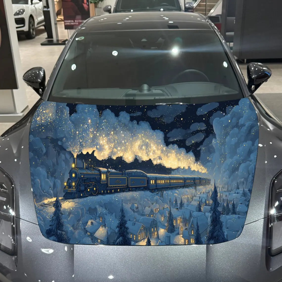 

Snowy Night Train Car Hood Vinyl Stickers Car Surface Protection Decal Car Decoration Cover Vinyl Wraps Waterproof Self-adhesive