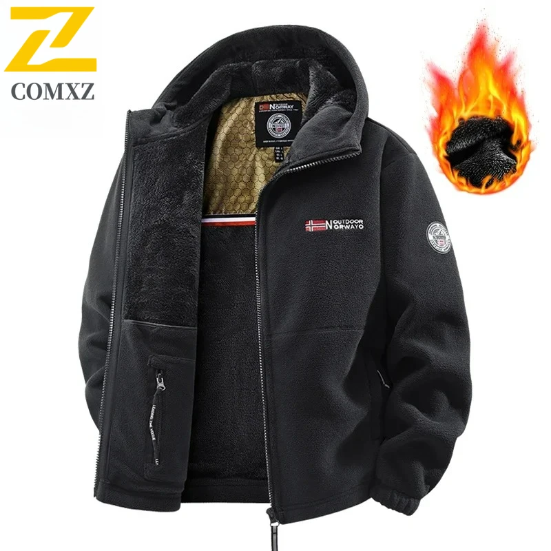 

COMXZ 2025 Men's Winter Sherpa Cotton Jacket Casual Warmth Outdoor Bicycle Retro Style Hooded Thickened Coat Windproof