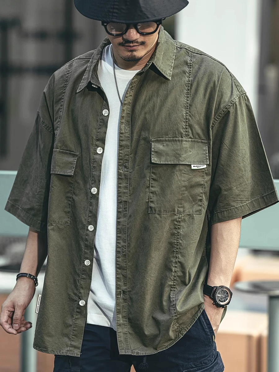 

Loose Fit Pure Cotton ort Sve Men's Casual irt Summer Breathable Youth Trend Cotton Workwear Vintage Japanese Sle