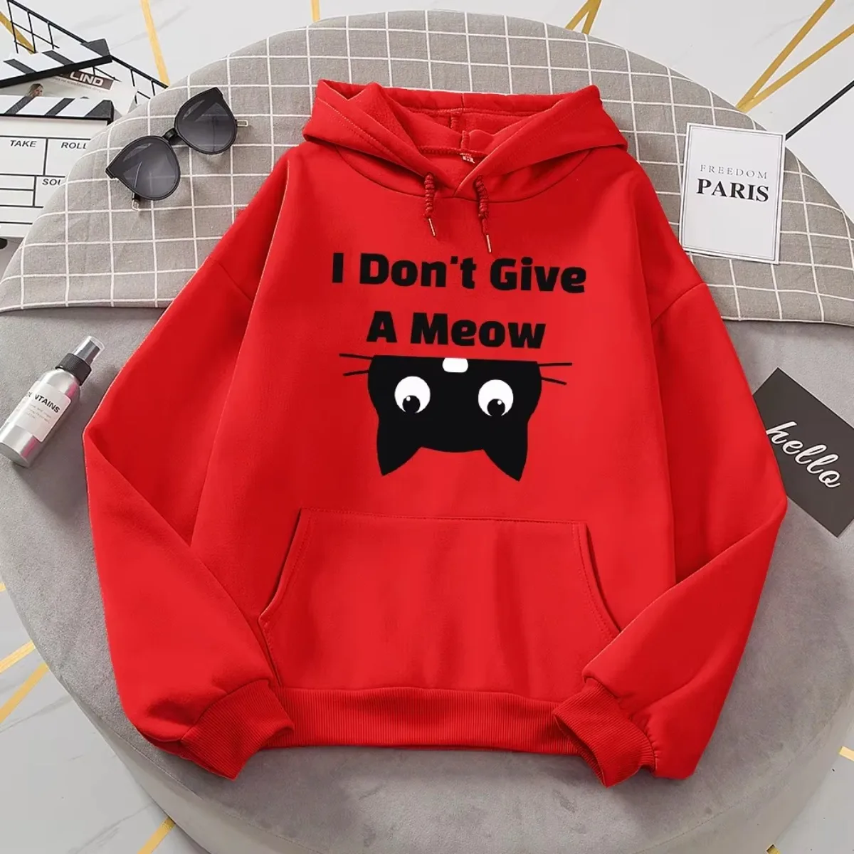 I Don'T Give A Meow Black Cat Hoodie Women Loose Warm Hoody Street Sport Women Sweatshirt Fashion Hooded Pullover Unisex Clothes