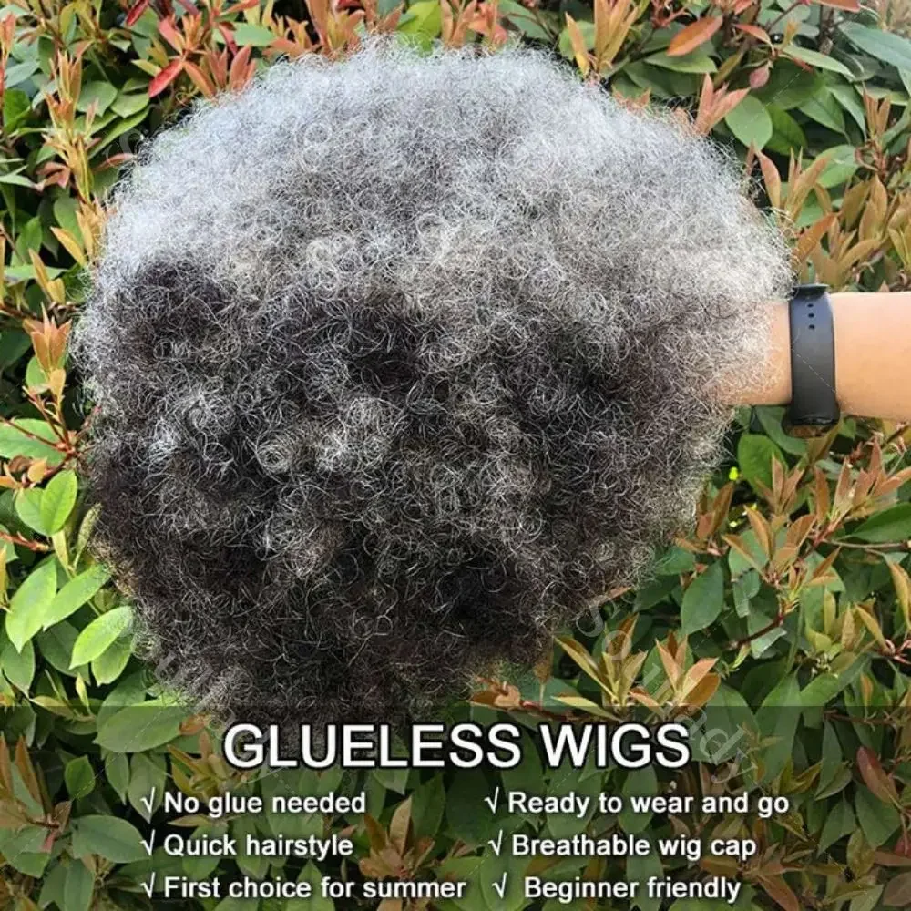 LULUCHIC Beginner Friendly Wear To Go Wigs Salt And Pepper Short Afro 4C Kinky Curly Human Hair Glueless Wig For Women Glueless