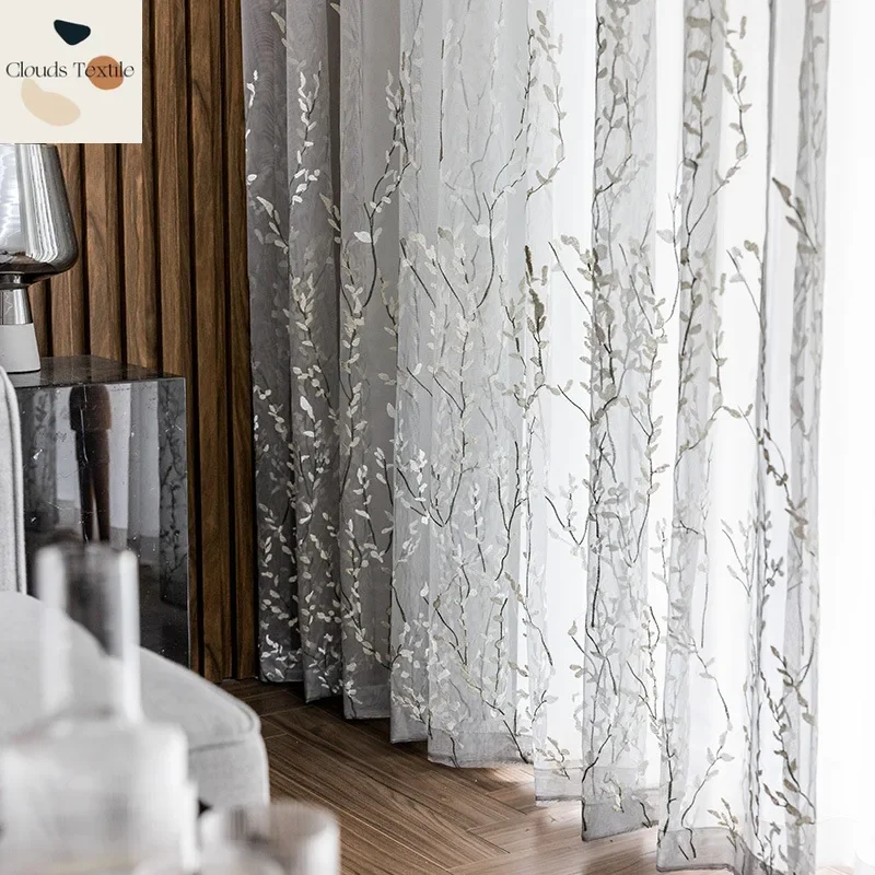 

Gray Tulle Door Nordic Curtains for Living Dining Room Bedroom Custom Modern Luxury Fresh Embroidery Window Curtain Room Decor