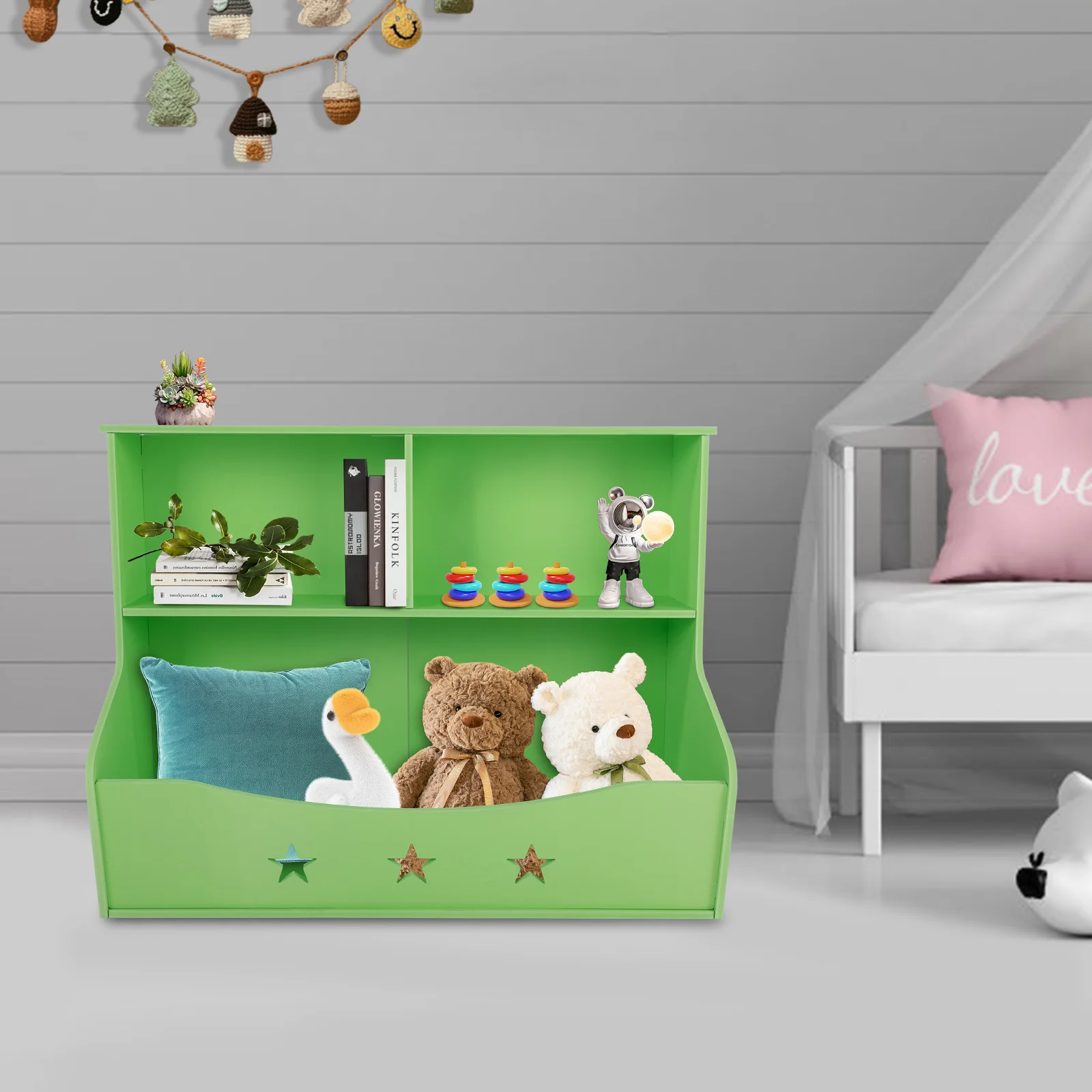 Libreria per bambini con contenitore portaoggetti, capacità di 110 libbre, altezza 24", ripiano in PVC verde chiaro per libri e giocattoli