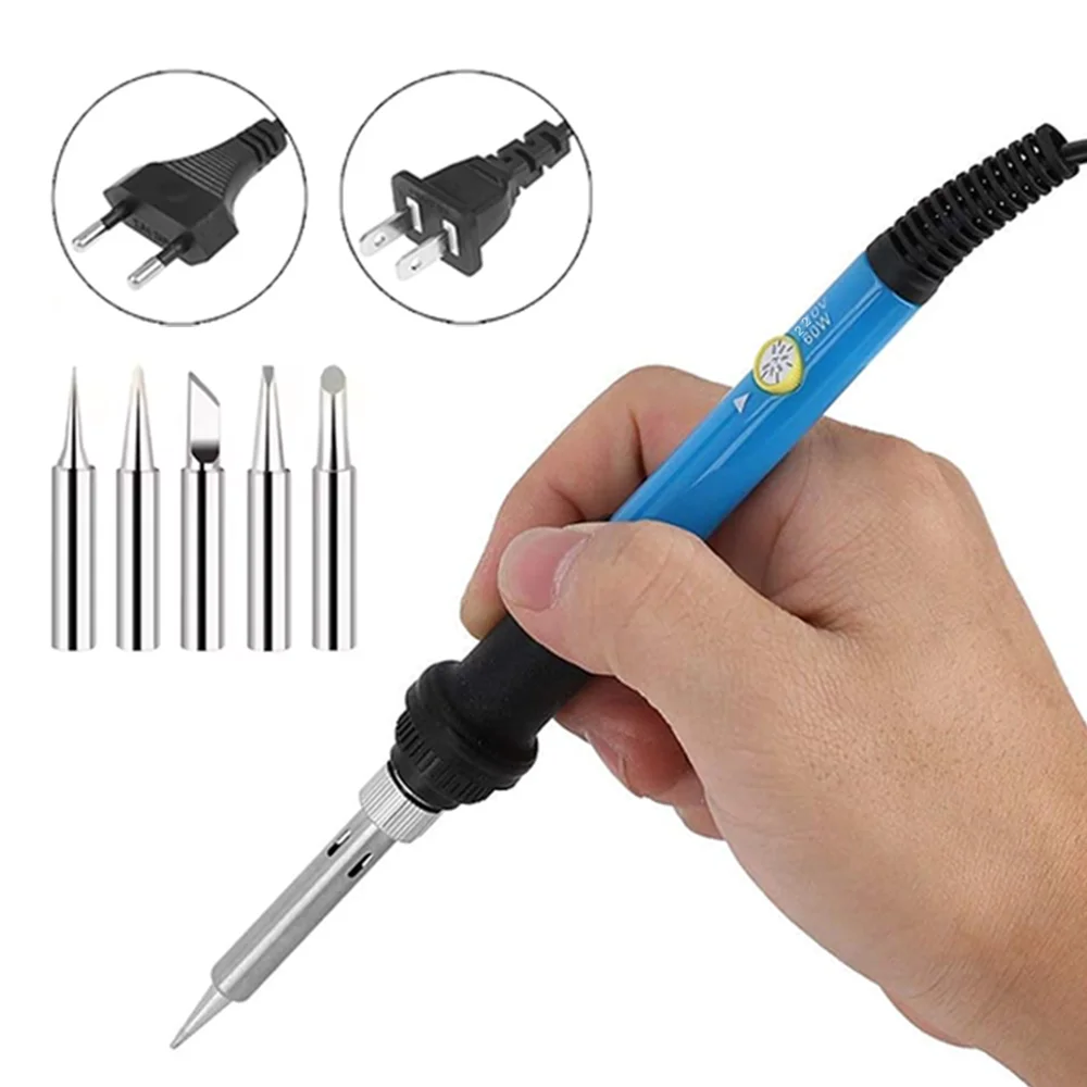 Soldering Iron Kit Electric 220V 60W Adjustable Temperature Soldering Gun Welding Tools With 5pcs Tips Heat Pencil Welding Repai