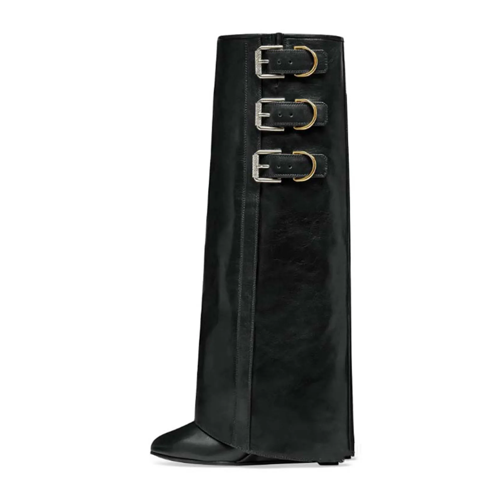 

Arden Furtado 2025 Spring Microfiber Wedges Trouser legs boots Pointed toe Turned-over Edge Metal buckle Knee high boots