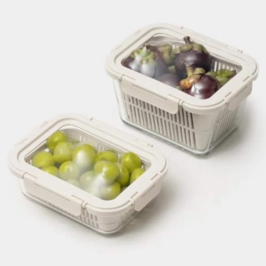 

Стеклянные контейнеры для хранения продуктов в холодильнике, 2 шт., герметичные контейнеры для фруктов и овощей со съемными дренажными сетками, гибкие, из силикона.