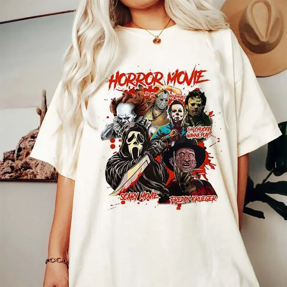 Halloween Horror Characters Fashion Street Trend Basic O-Neck Clothing Top New Summer Cartoon Print Casual Fun Versatile T-Shirt