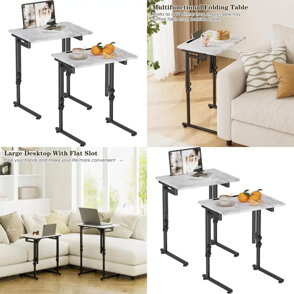 

White Marble 2-Piece TV Tray Set, Adjustable Small C-Shaped Side Tables for Living Room, Slide Under Couch or Recliner, No Assem