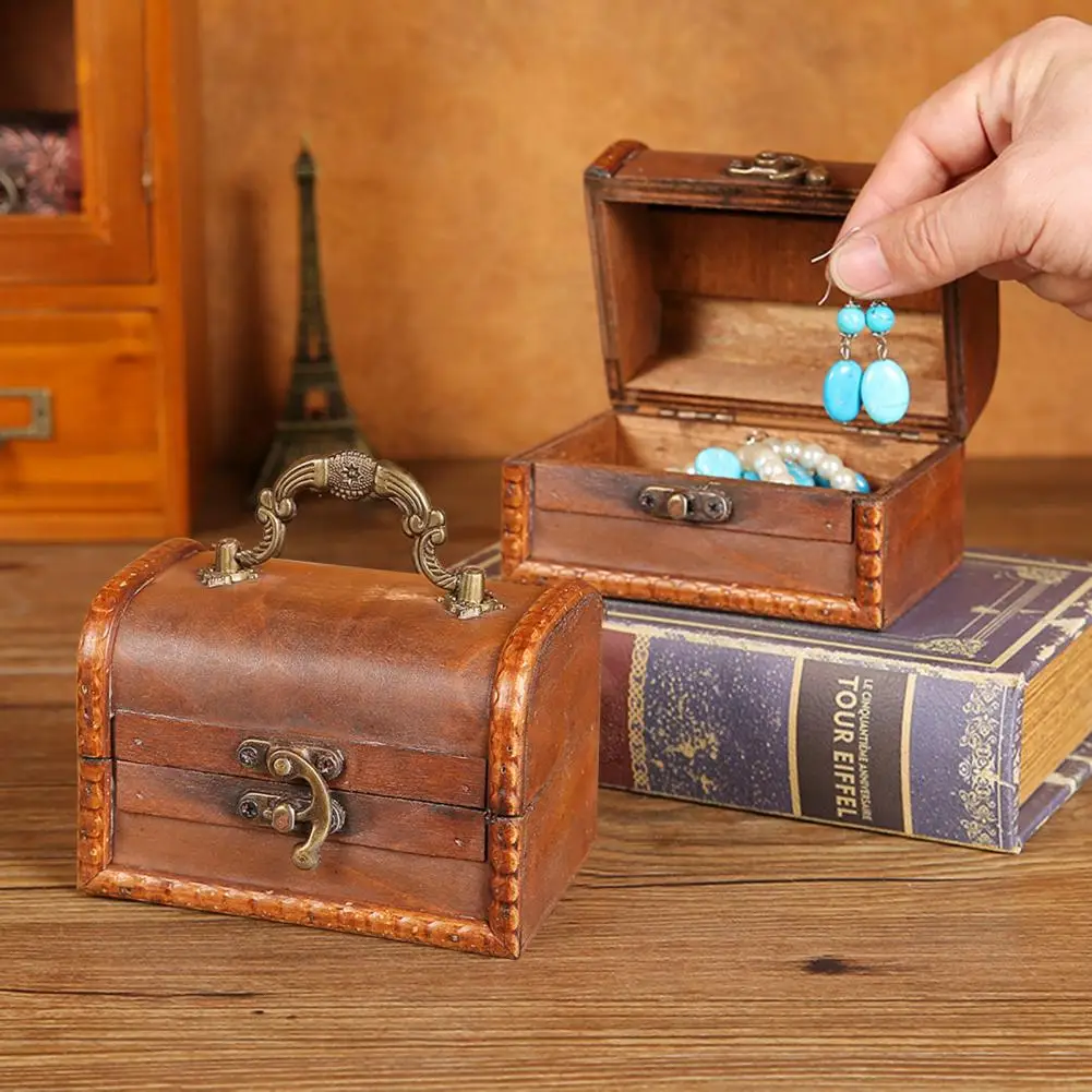 Earrings Case Excellent Vintage Wooden Storage Box with Lock Mini Jewelry Box  Retro Treasure Chest with Lock for Home