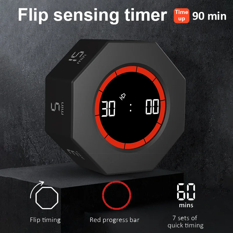 Octagonal Gravitational Flip Focus Timer with 1/3/5/15/30/60/90 Minute Presets for Office Study Yoga Mini Digital KitchenTimer