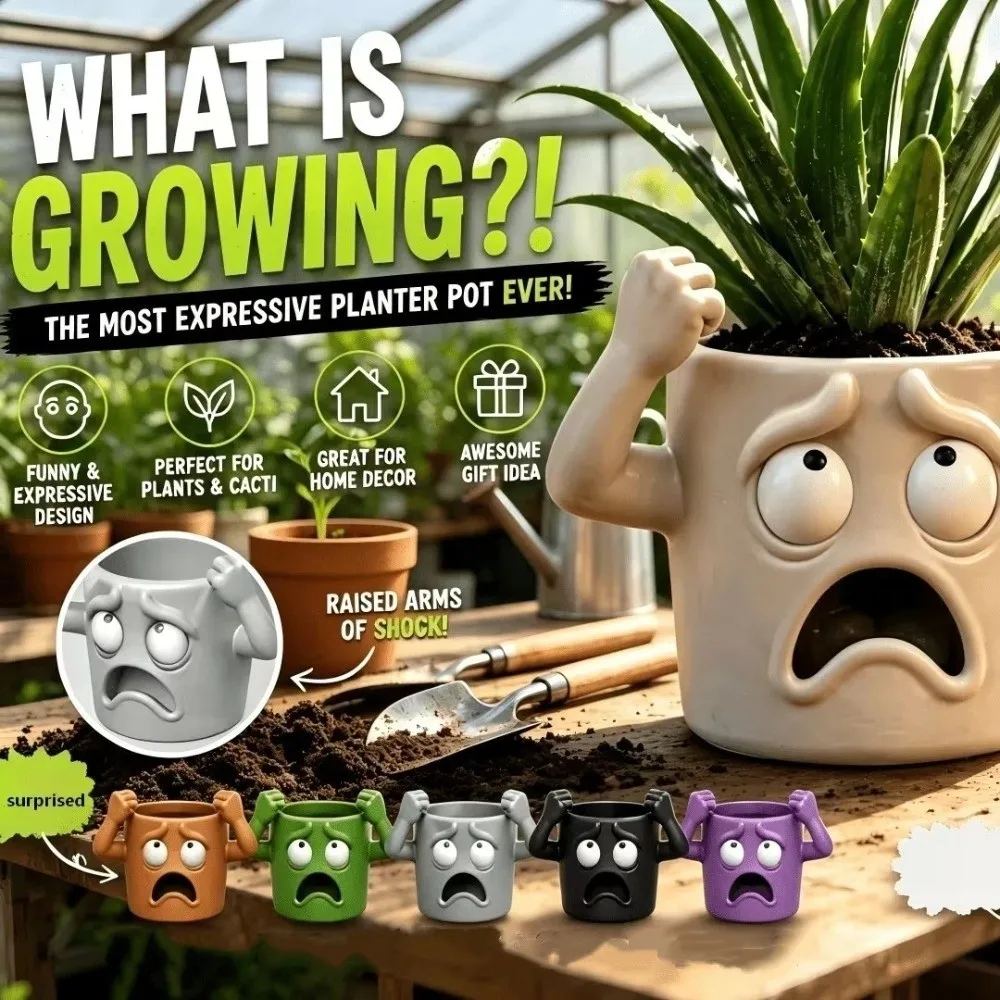3D Printed Funny Face Succulent Planter Humorous Face Novelty Shocked Expression Plant Pot Plastic Lifelike