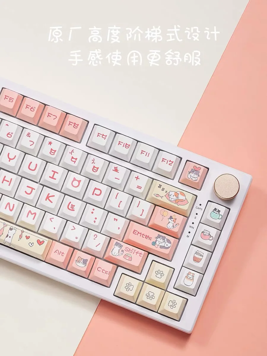 126 keys Chreey Keycap Pink Meow Theme Key Cap PBT Cat Design with 5-sided Dye Sublimation 64 68 75 84 87 98 108