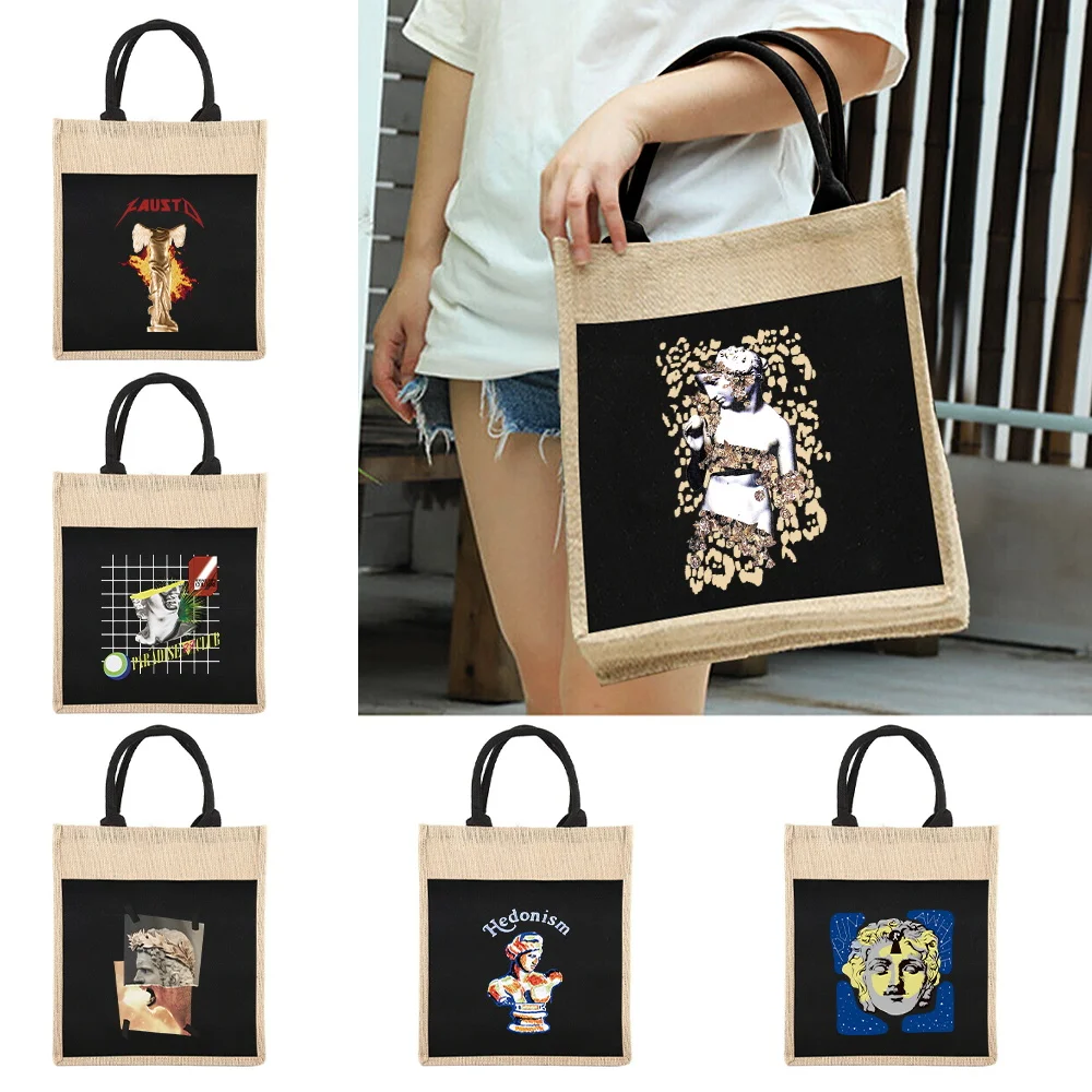 

Tote Bag Reusable Jute Shopping Bag Portable Beach Shoulder Bags Casual Large Capacity Handbag Printing Sculpture Series