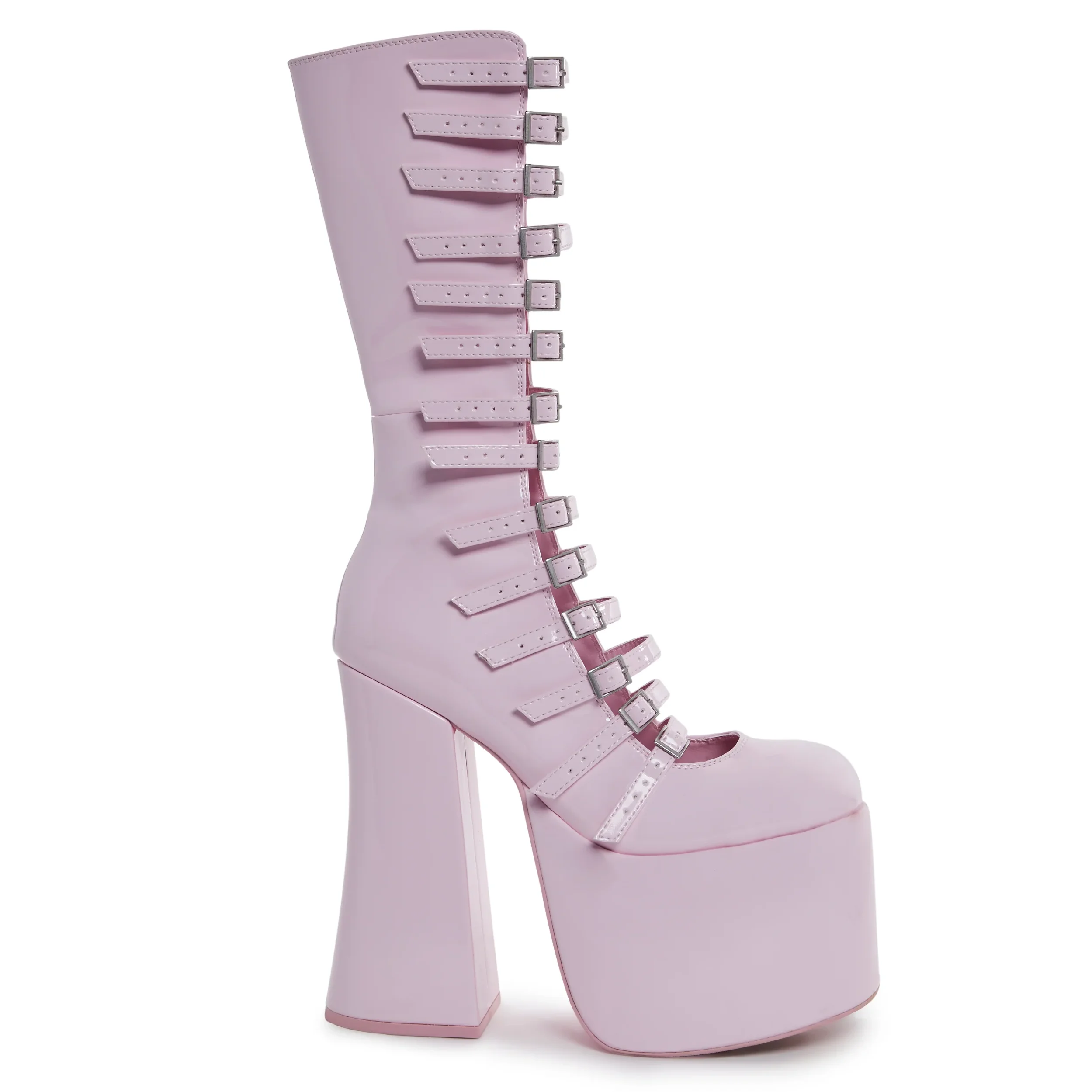 Różowe buty na platformie z paskiem do połowy łydki Damskie buty z okrągłym noskiem Sexy Leggy Block High Heel Women Shoes Fashion Elegant Punk Big