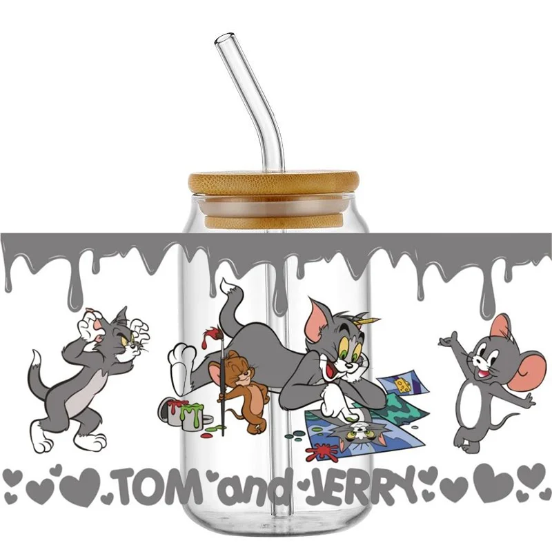 Miniso Cartoon Tom and Jerry Transfer UV DTF Cup Wrap Sticker for 160z Libbey Glasses DIY Waterproof Sticker