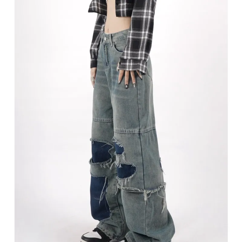 

Women's Blue Vintage Wide Leg Jeans Fashion Baggy High Waist Straight Pants High Street Mopping Denim Trouser Ladies Summer