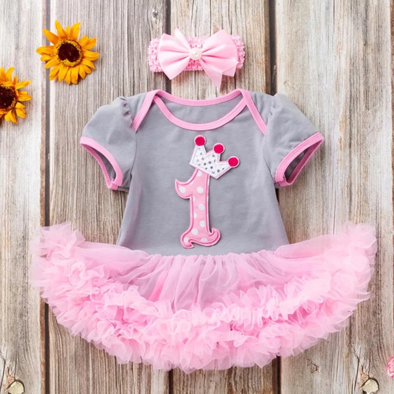 Baby Girls 1st Birthday Princess Dress Outfits Short Sleeve Tulle Patchwork Romper Dress with Bow Headband 2 Pcs Summer Set