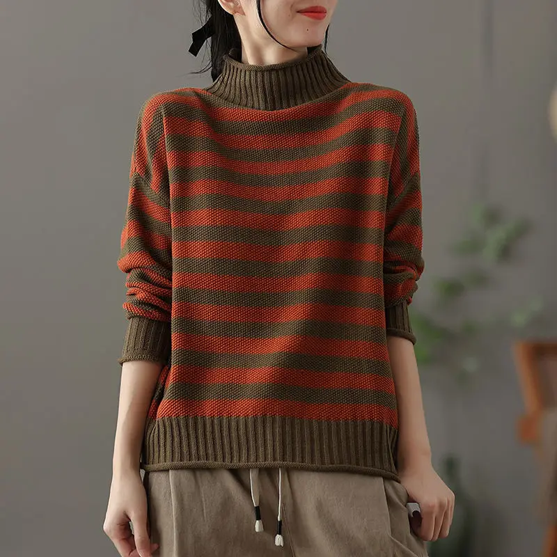 Fashion Stand Collar Spliced Casual Striped Sweaters Women\'s Clothing 2023 Winter Loose Knitted Commuter Pullovers Korean Tops