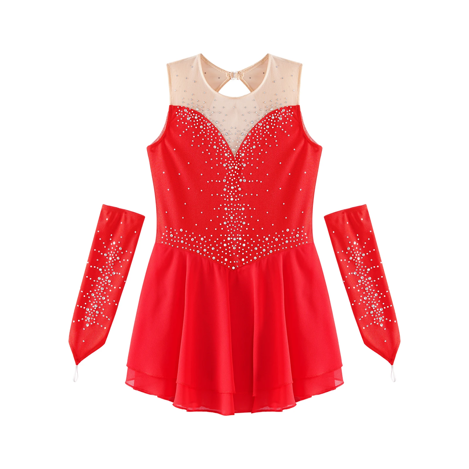 Vestido de patinação artística para meninas, dança lírica, balé, ginástica, collant, tutu, strass, performance de palco, roupa de dança com luvas