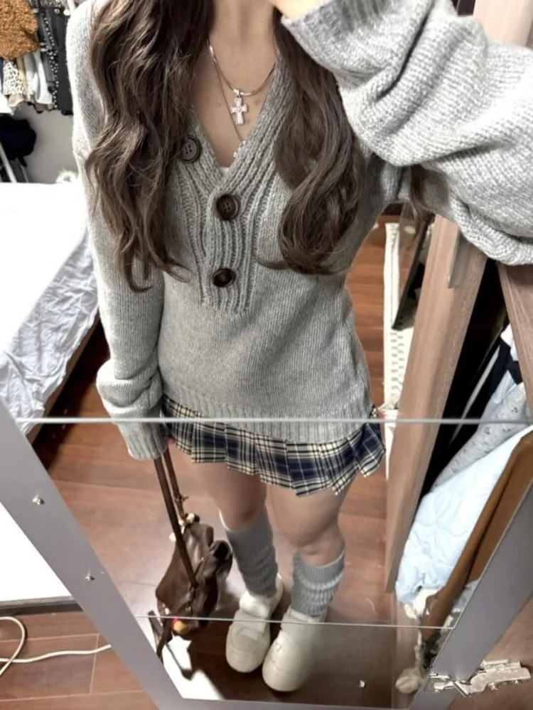 

Y2k Gray Long Sleeve Sweaters Mujer 2025 Autumn Winter New Knitted Pullover Fashion Slim Fit Long Sleeve Top for Women