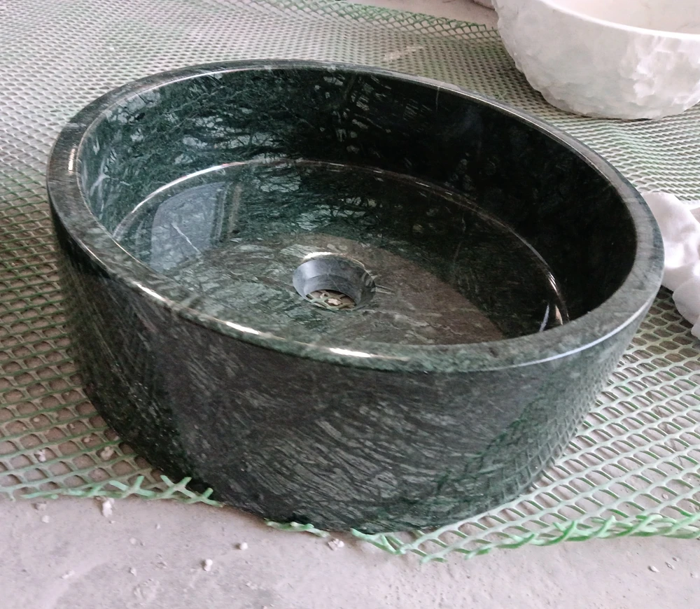 

%r Wholesale Custom Modern Design Natural Marble Stone Countertop Wash Basin India Green Round Shape Bathroom Sink