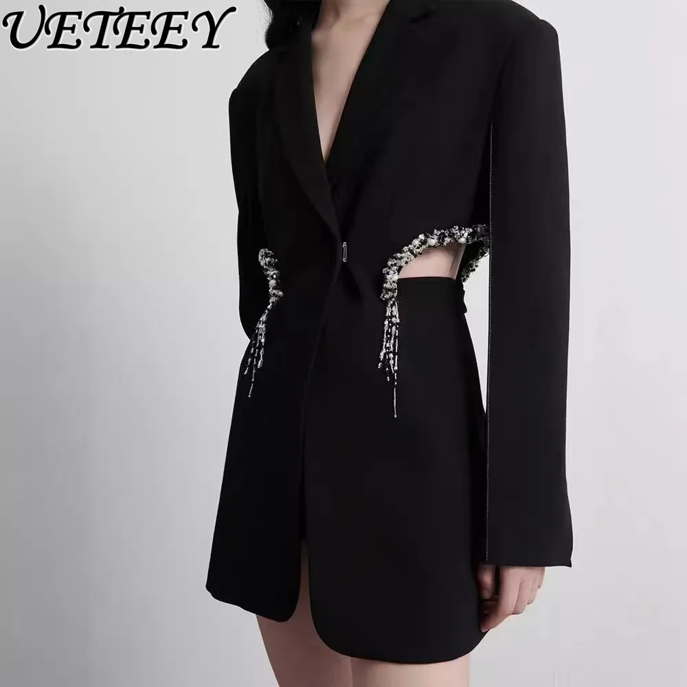 Black Suit Jacket for Women Spring and Autumn New Sexy Hollow-out Midriff Temperament Slim-Fitting Mid-length Blazer Coat