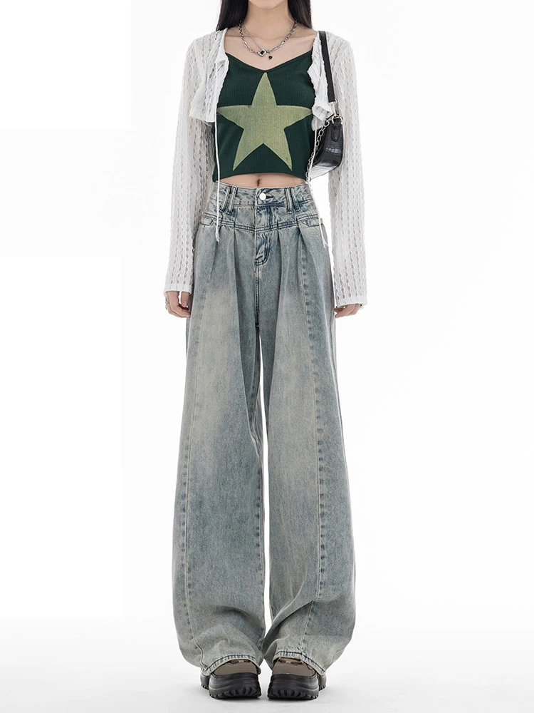 

Women's Vintage Blue Jeans Baggy High Waist Denim Trouser Korean 2000s Y2k Punk Harajuku Aesthetic Wide Leg Pants Pippie Clothes