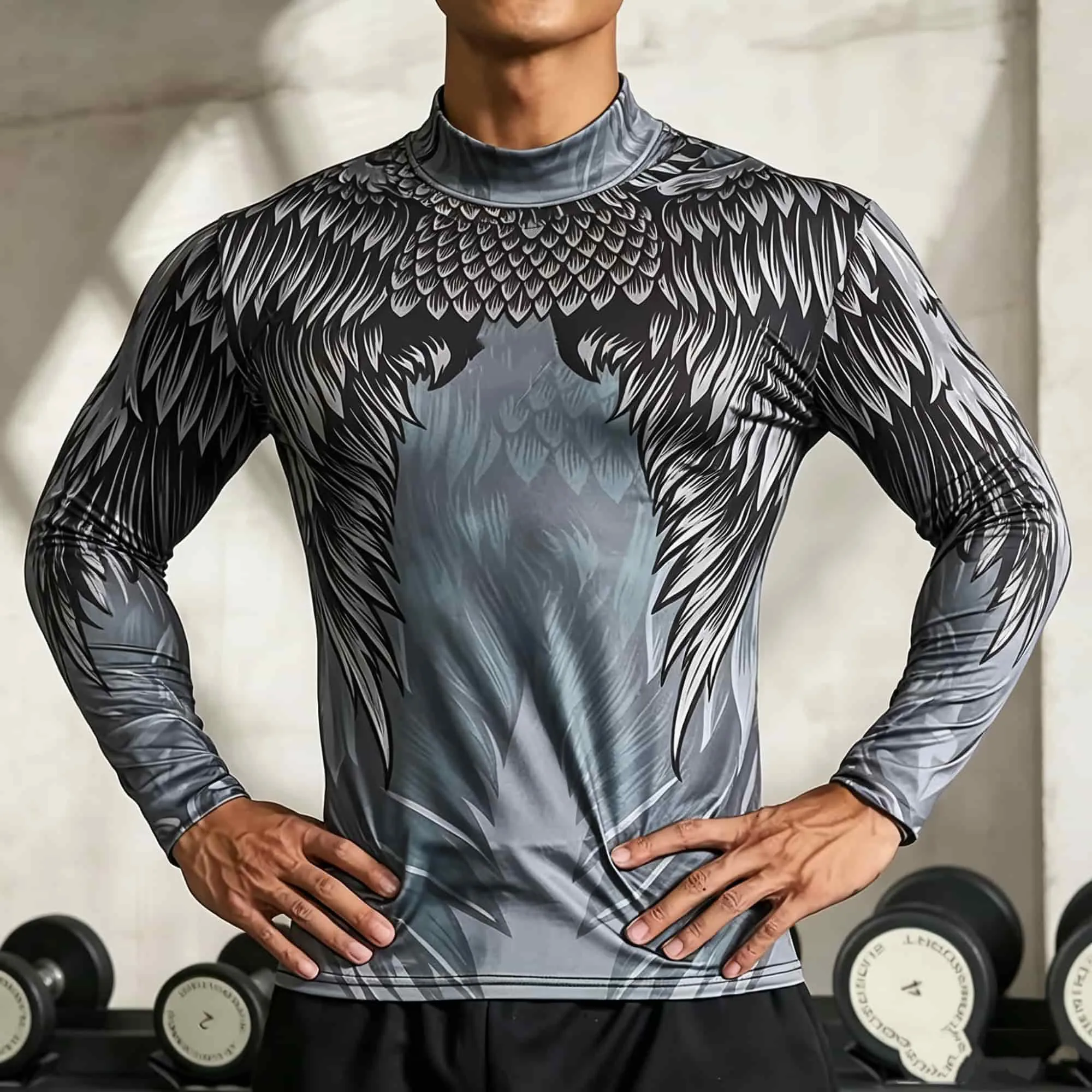 Men Athletic Long Sleeve Base Layer Mock Neck Eagle Wing Art Print Quick‑Stretch Top For Training Outdoor Daily Wear