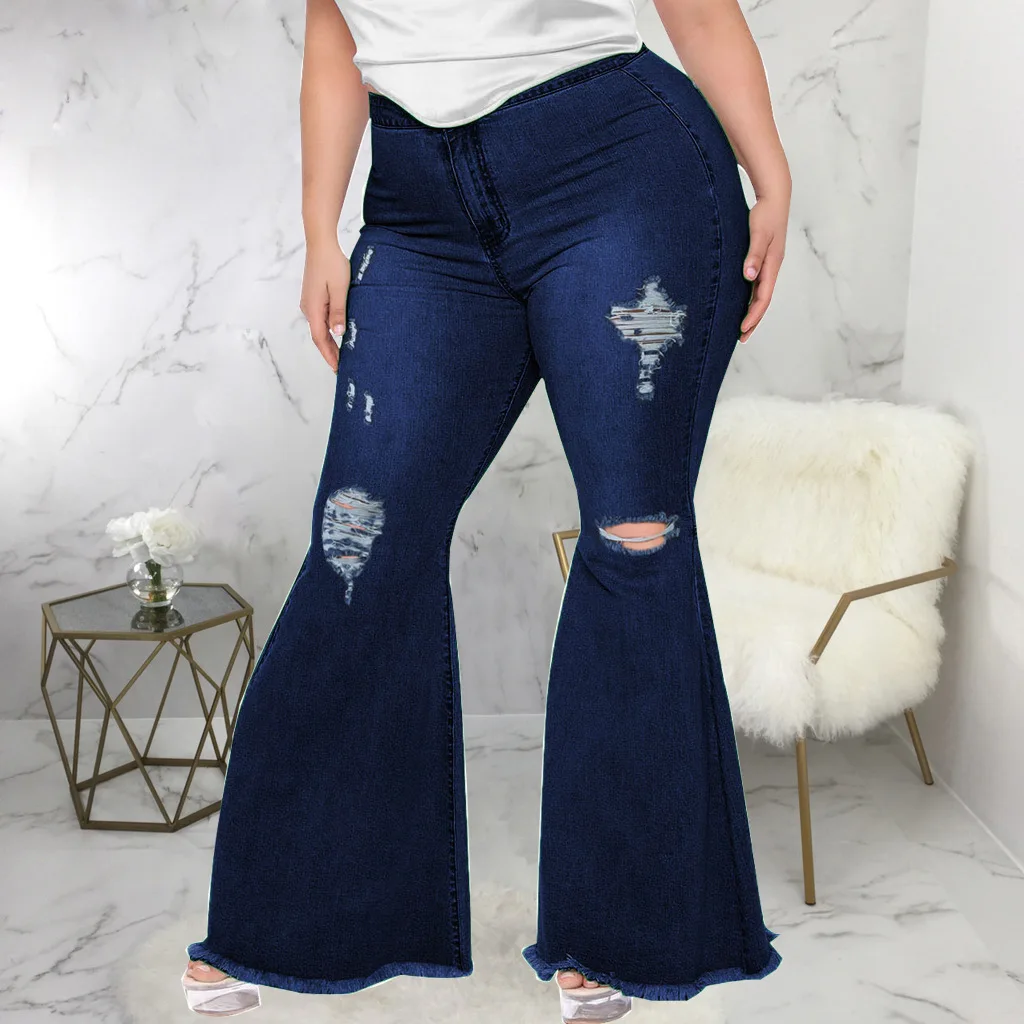 Spring and summer fashion Slim wide leg hole casual plus size fat beauty flared pants jeans high street commuter solid color new