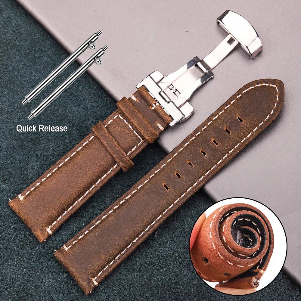 Bracelet de montre en cuir véritable, 20mm 22mm, sangle en cuir de vache avec coutures Vintage, avec boucle papillon, bracelet de montre d'affaires pour Galaxy Watch