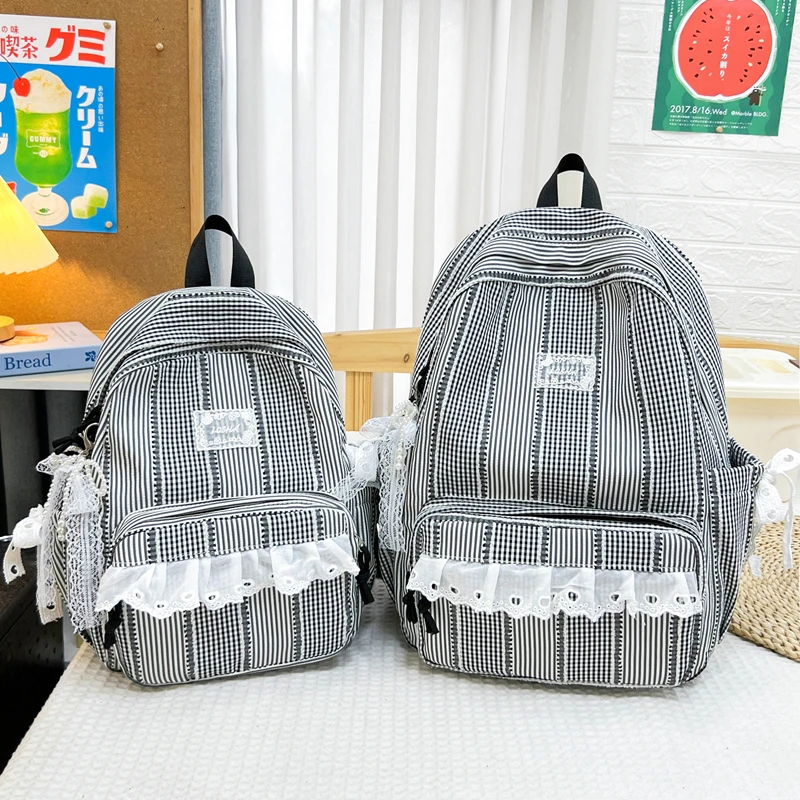 Plaid Lace Nylon Backpack for Women 2 Sizes Large/Small Laptop Daypack 6 Colors Optional Casual Student Schoolbag 2026