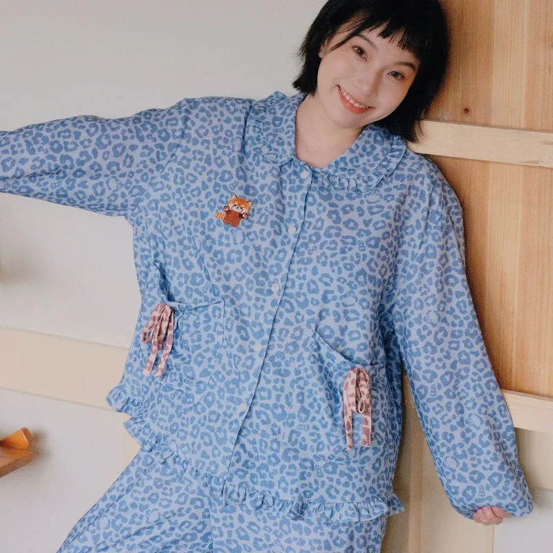 

2025 New High End Women's Pure Cotton Long Sleeved Pajama Set Sweet Cool Antistatic Loungewear Autumn Winter Blue Leopard Print