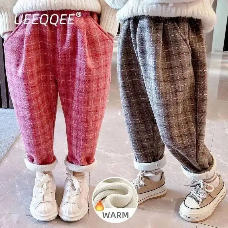 

Autumn Winter Children Pants 1-10Y Girls Thick Warm Fleece Plaid Tweed Loose Straight Trousers Korean Toddler Wear Kids Clothing