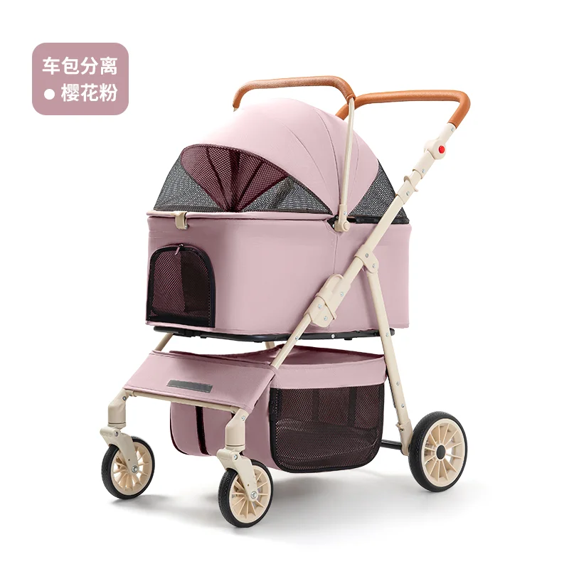 Foldable linen pet stroller with 4 wheels, breathable mesh fabric custom colors, eco-friendly, suitable for dogs in all seasons,
