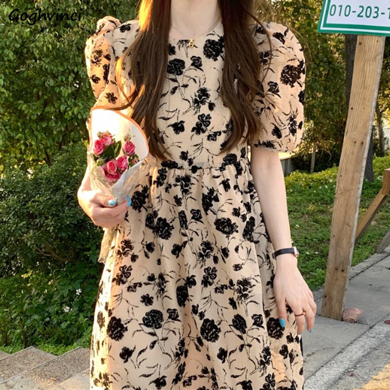 

Dresses Women Floral A-line Puff Sleeve O-neck Design Sweet Kawaii Elegant Holiday Casual Korean Style Ulzzang All-match Stylish