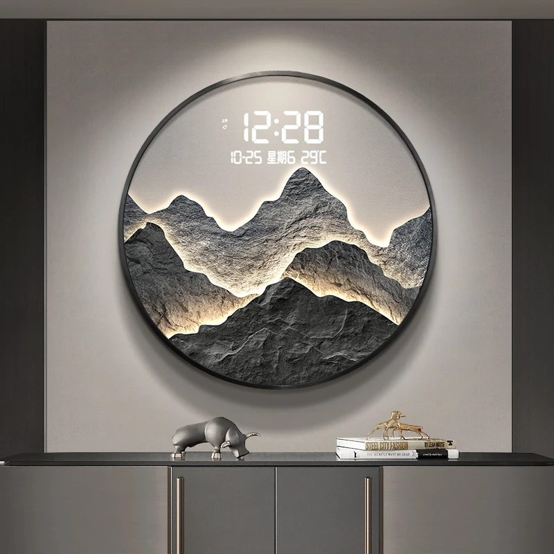 

Entryway Decorative Wall Art with Clock, Round Electronic Luxury Wall Painting, New Chinese Style Hanging Mural Clock
