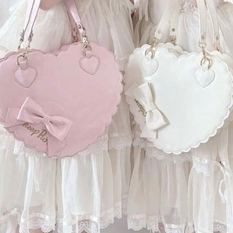 

PU Heart Lolita Handbag with Bow Decor Two Sizes Japanese Kawaii Shell Purse Pink Messenger Bag Casual PU Bag