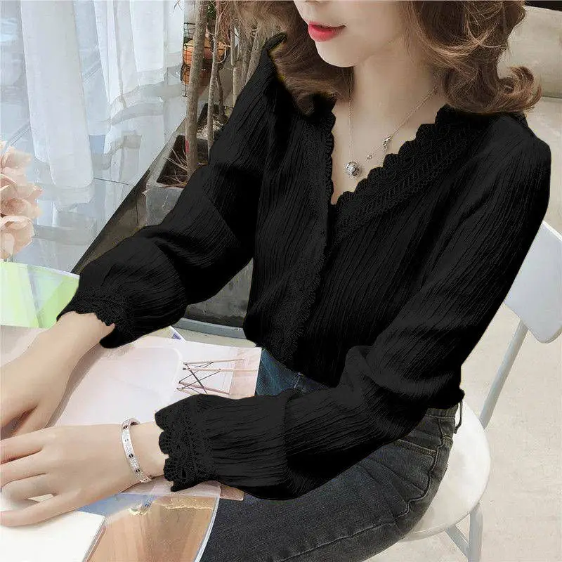 V-Neck Striped Lace White Chiffon Shirt 2022 Spring Summer New Fashion Blouse Long Sleeve Casual Shirt for Female Elegant Shirt