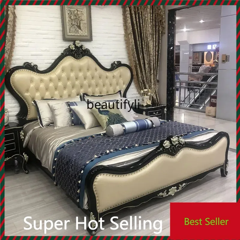 

K132 European-Style Solid Wood Bed Bedroom Luxury First Layer Cowhide 1.8 M Princess Bed Solid Wood Carved New Classical