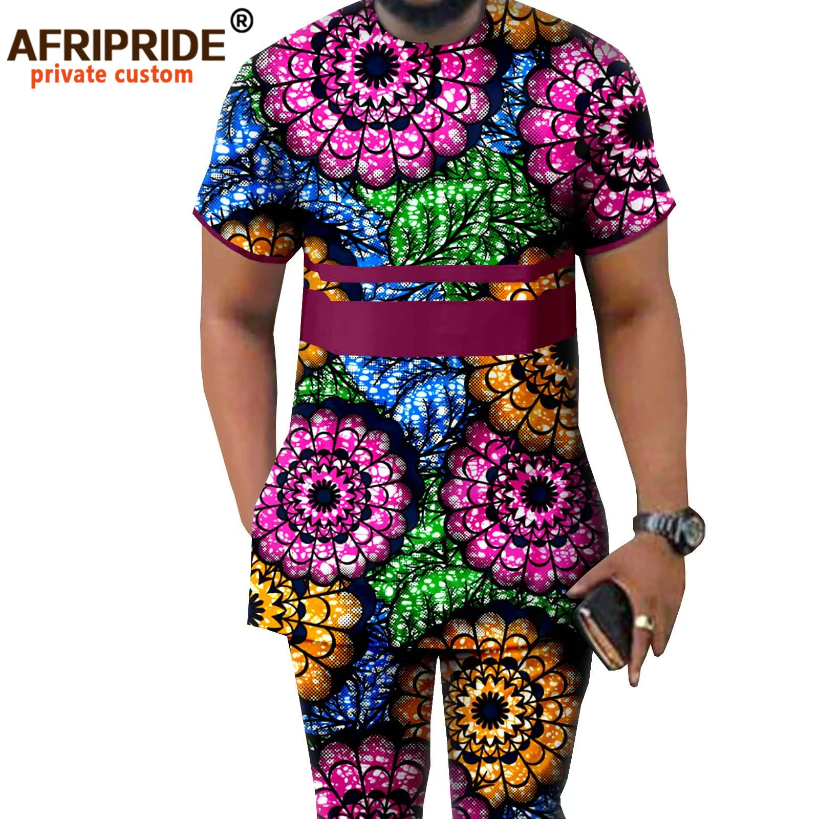 African Men Clothing Ankara Pants Set Dashiki Shirt 2 Piece Outfits Crop Top Attire Short Sleeve Plus Size Casual A2116042