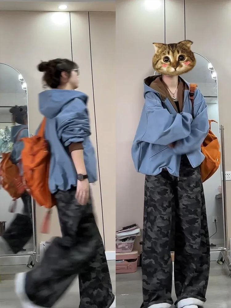 

Американский Sle, высокая талия, широкие брюки, свободный крой, утягивающая камуфляжная рабочая одежда, джинсы, женские повседневные брюки Faion High Street