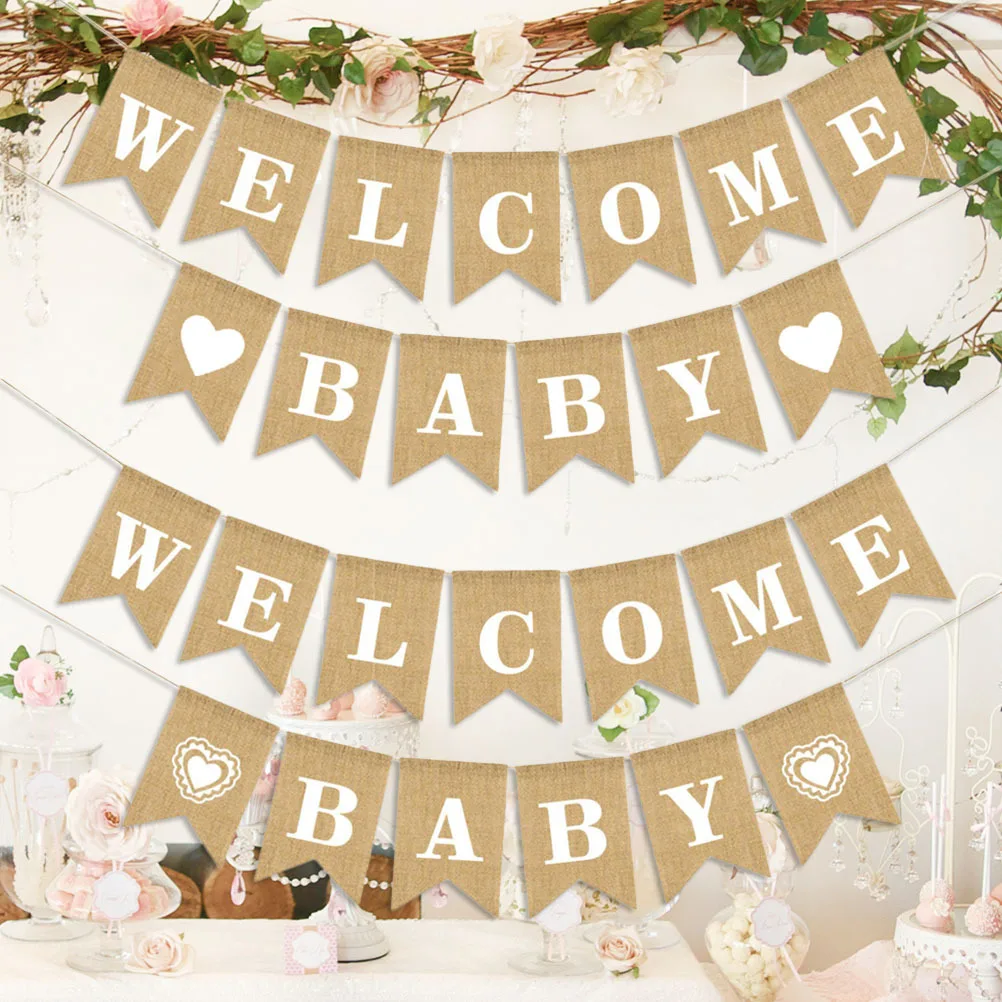 

2 set 2.8M Welcome Baby Bunting Burlap Banner Party Hanging Pull Flag For Birthday Decoration Outdoor Indoor Event Decor
